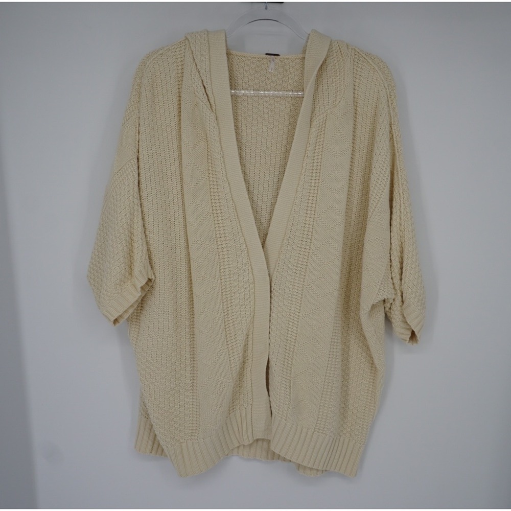 Free‎ People Hooded Cardigan Sweater Cream Ivory Knit Short Sleeve Medium
